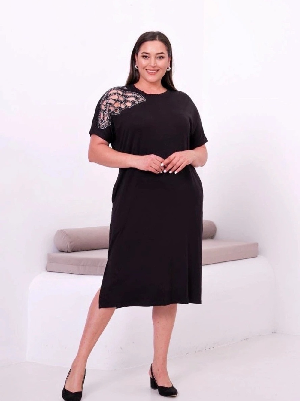 Black Midi Dress with Embellished Shoulder new New